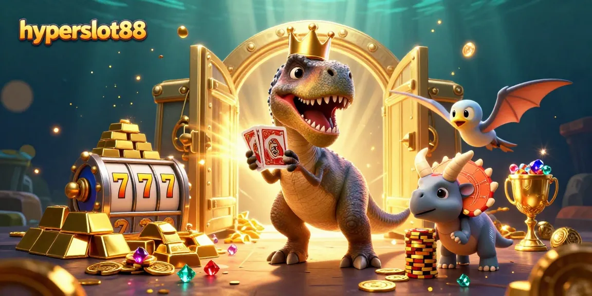 Experience thrilling gaming with hyperslot88 featuring fun characters around slots and treasures.
