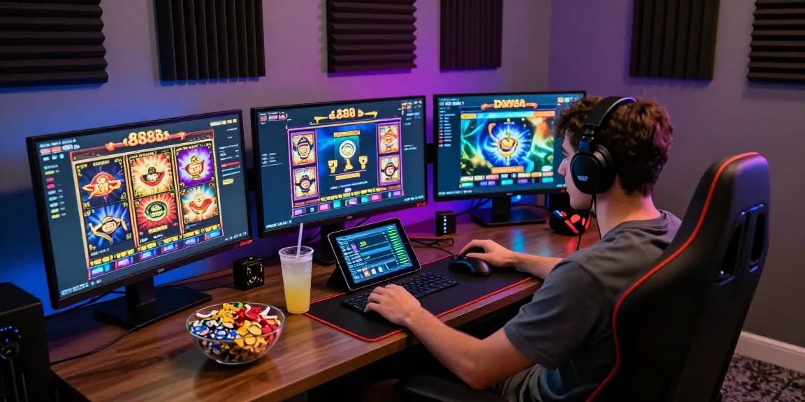 Experience the thrill of slot888 gaming in an immersive home setup with vibrant screens and gaming accessories.