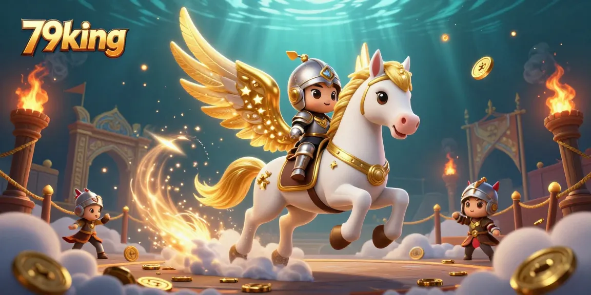 Engage with 79king's thrilling casino experience, featuring a valiant knight and celestial horse amidst dynamic betting elements.