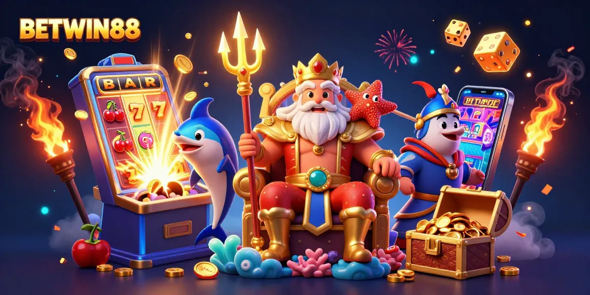 Experience exciting gameplay with BETWIN88 as Neptune and friends celebrate online gaming in a vibrant casino scene.