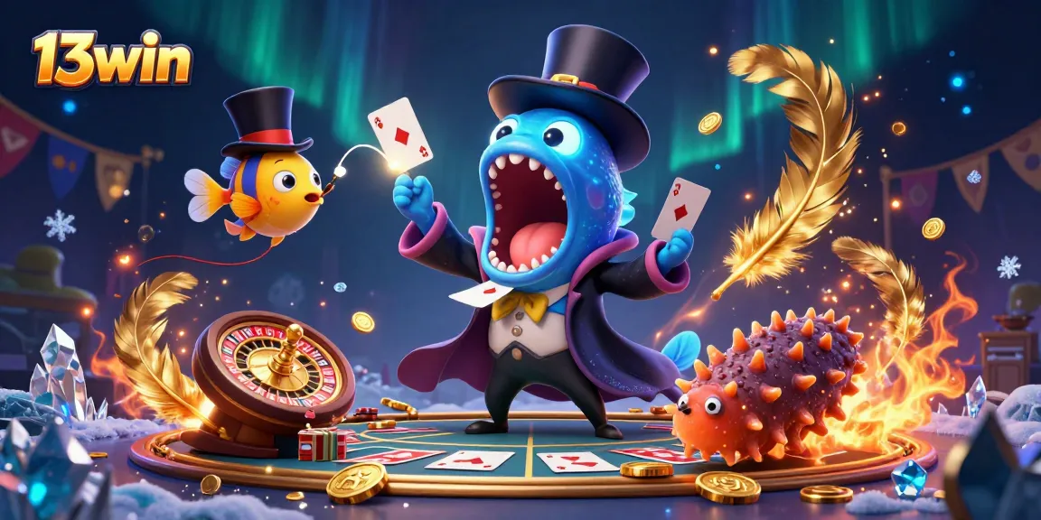 13win's thrilling card act showcases a magical deep-sea gambling scene with an eel magician and casino elements.