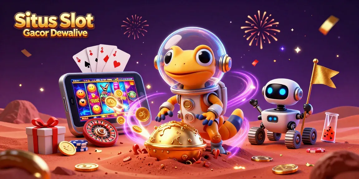 Situs Slot Gacor Dewalive showcases a vibrant scene with a Martian gecko and robot discovering a gold casino.