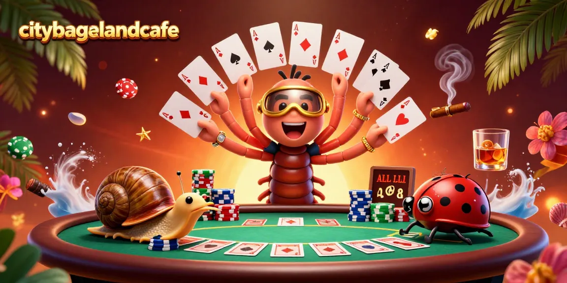 Permainan menarik di citybagelandcafe dengan karakter dealer dan tumpukan chip poker yang menakjubkan.