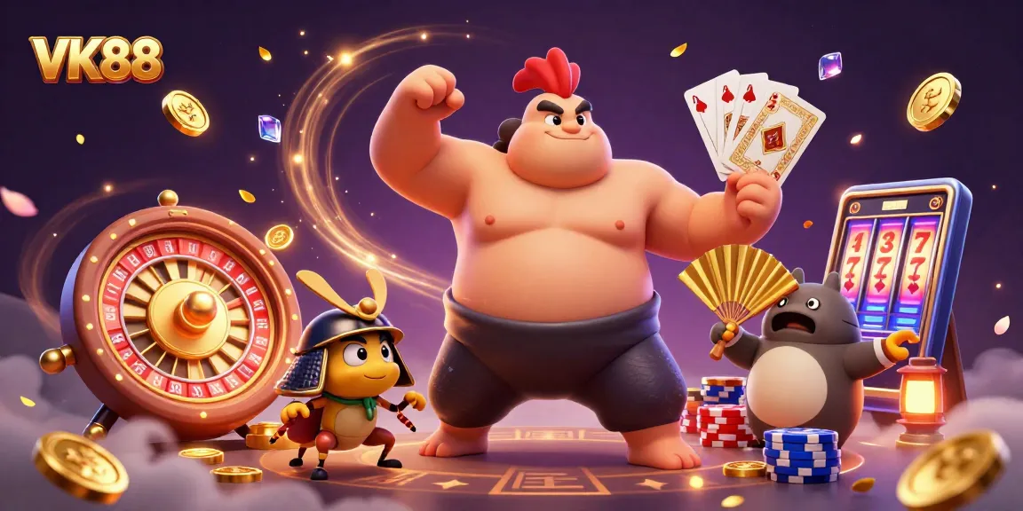 Experience excitement at VK88 with thrilling casino action in a vibrant 3D illustration.