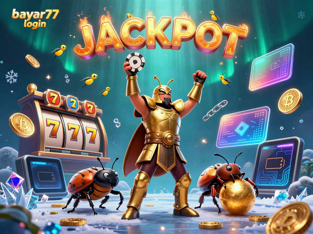Experience seamless gameplay with bayar77 login, featuring fun characters and jackpot elements.