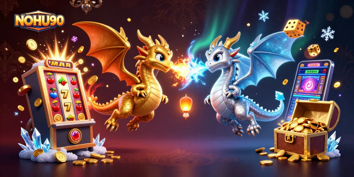 Spin for big wins with NOHU90's gold and silver dragons amidst vibrant casino elements.