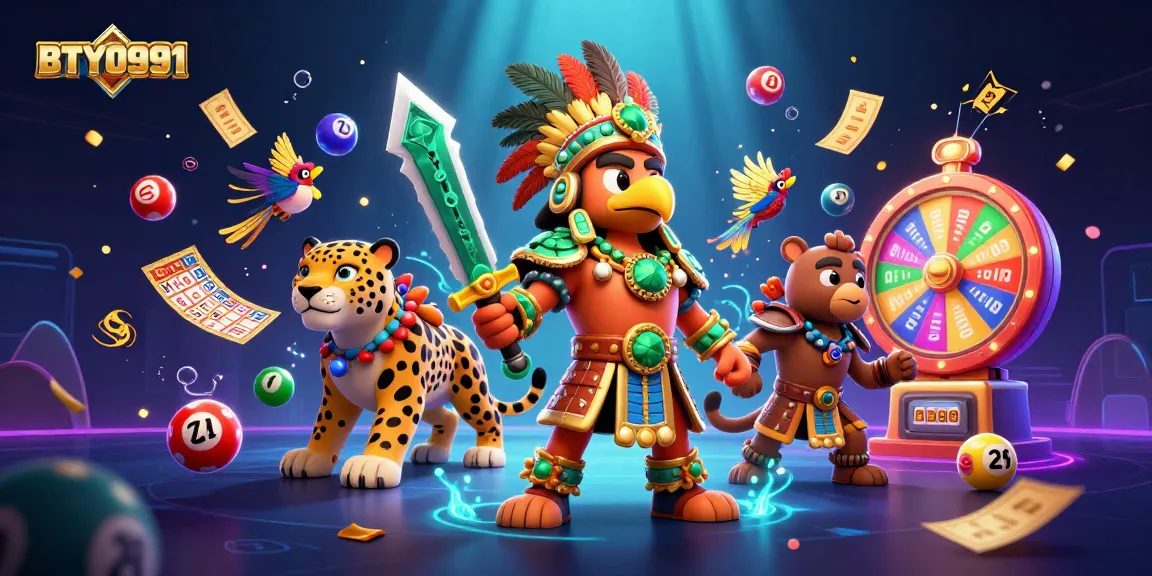 Engaging illustration of BTY0991 showcasing a dynamic lottery scene with Aztec warriors and bright game elements.