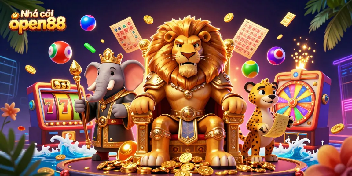 Experience thrilling wins with Nhà cái open88, featuring a lion king beside casino elements including vibrant slot machines and jackpot counters.