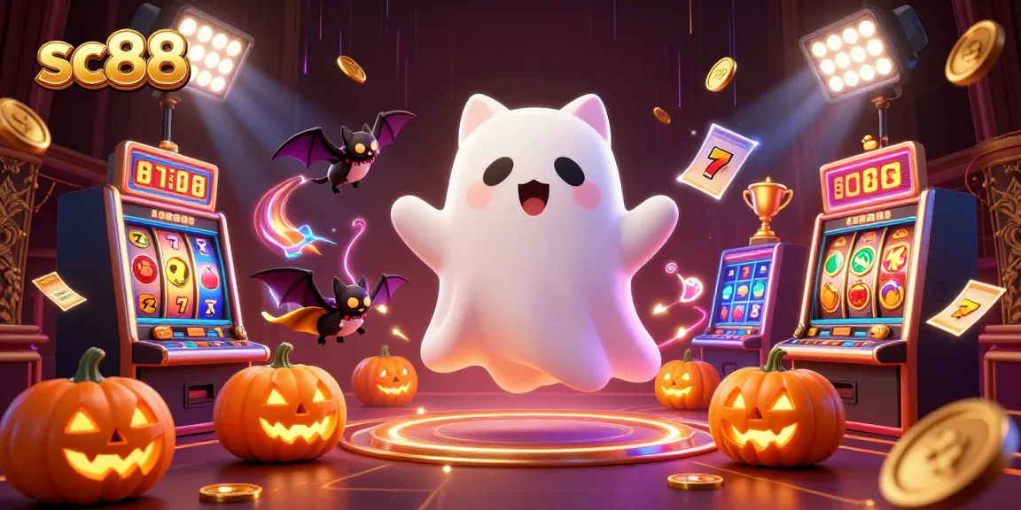 Immerse in sc88's dynamic casino experience with a ghost cat and vibrant game elements.