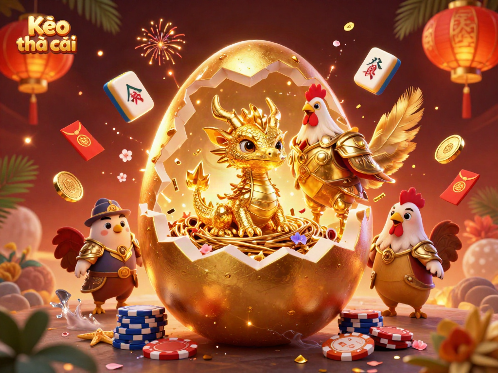 Kèo nhà cái highlights thrilling casino scenes with a golden dragon on chips and festive elements.