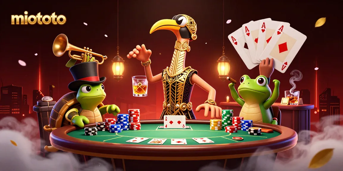 Engage with miototo at a lively speakeasy featuring poker games, vibrant characters, and casino excitement.