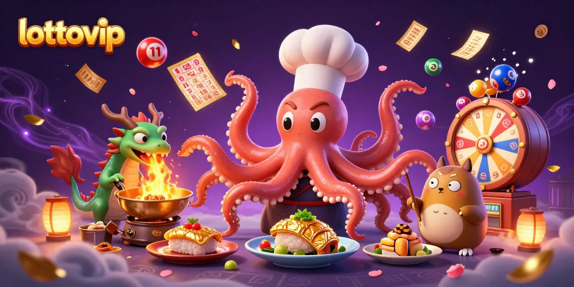 Memainkan lottovip dengan bola lotere berwarna dan chef sushi di latar belakang yang ramai.