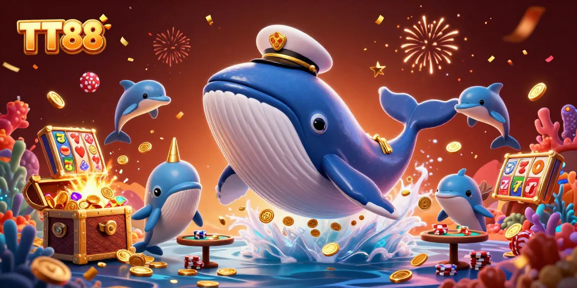 Join the fun with TT88 as a whale and dolphins celebrate casino wins with poker chips and treasures!