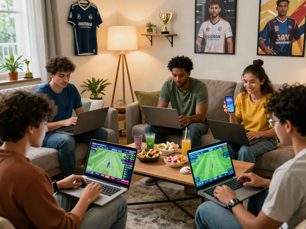 Engaged friends betting on cricket, football, and tennis at home using lotus365 on laptops and mobile devices.