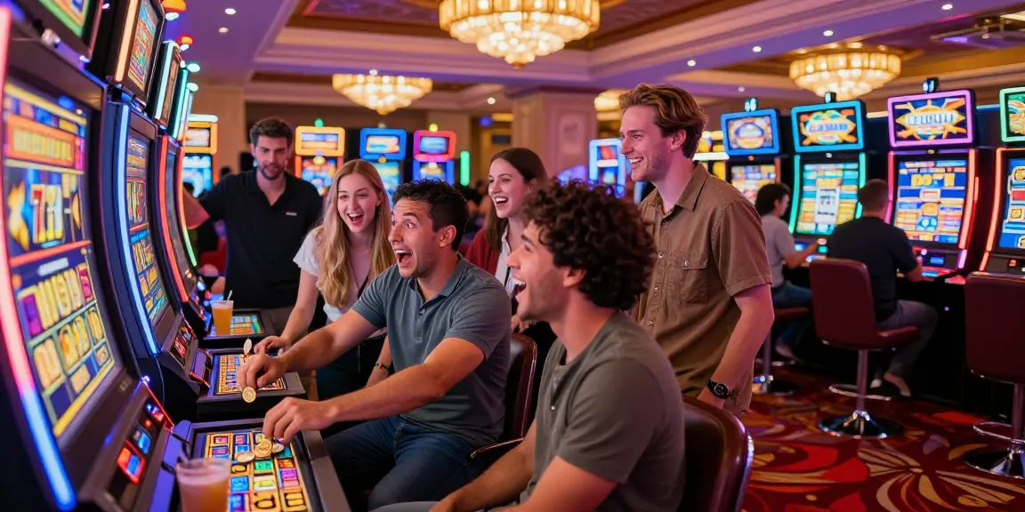 Lucky777 casino scene with friends celebrating a jackpot win amidst vibrant gaming atmosphere.
