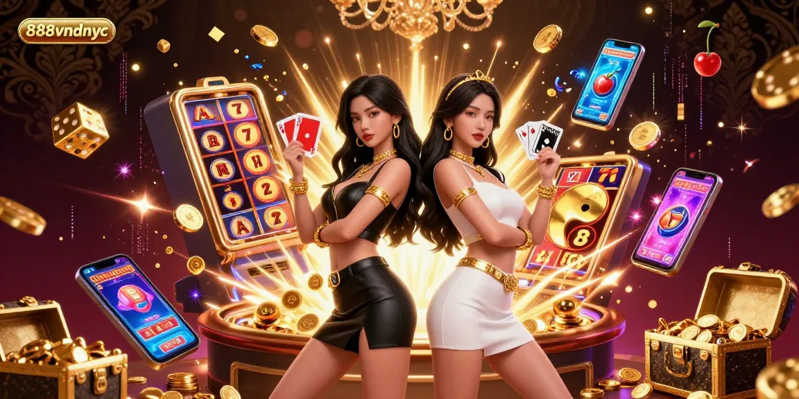 Experience thrilling gameplay at 888vndnyc with stunning casino visuals including dynamic slot machines and iconic playing cards.