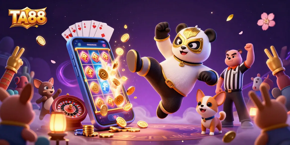 TA88 illustration of a playful panda wrestling while tiny animal spectators cheer, surrounded by colorful casino elements.