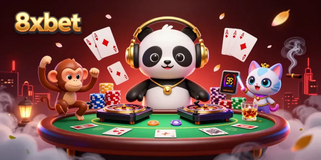 Experience the excitement of 8xbet with a vibrant casino scene featuring a DJ panda and colorful game elements.