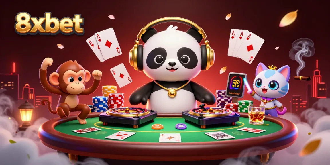 Experience the excitement of 8xbet with a vibrant casino scene featuring a DJ panda and colorful game elements.