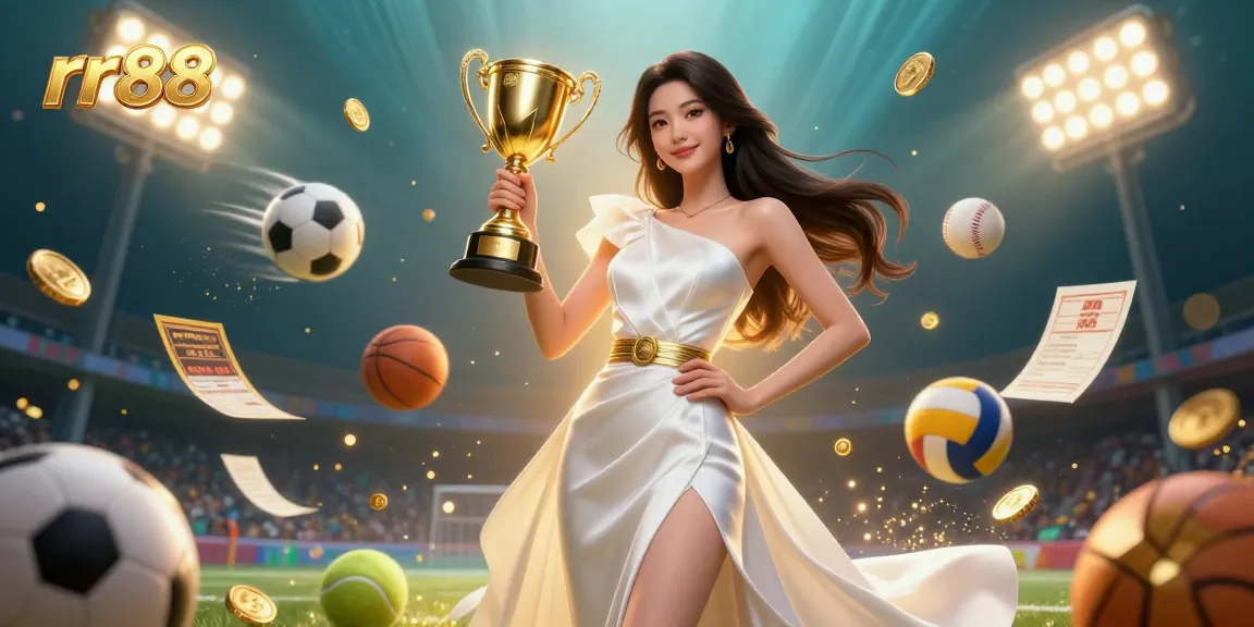 Experience gaming excitement with rr88, featuring a victorious Asian woman in a luxurious gown amidst dynamic sports betting elements.