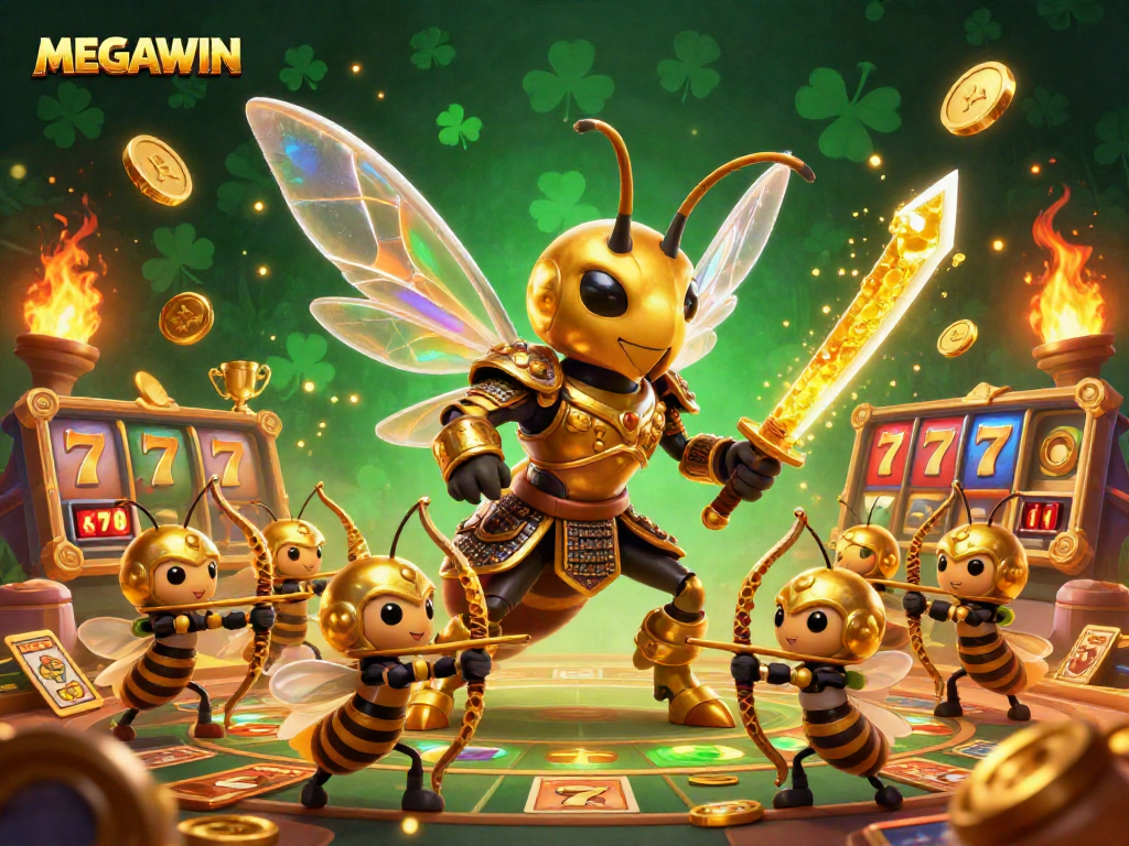 Experience a MEGAWIN with the giant golden hornet samurai navigating a dynamic jackpot scene filled with action.