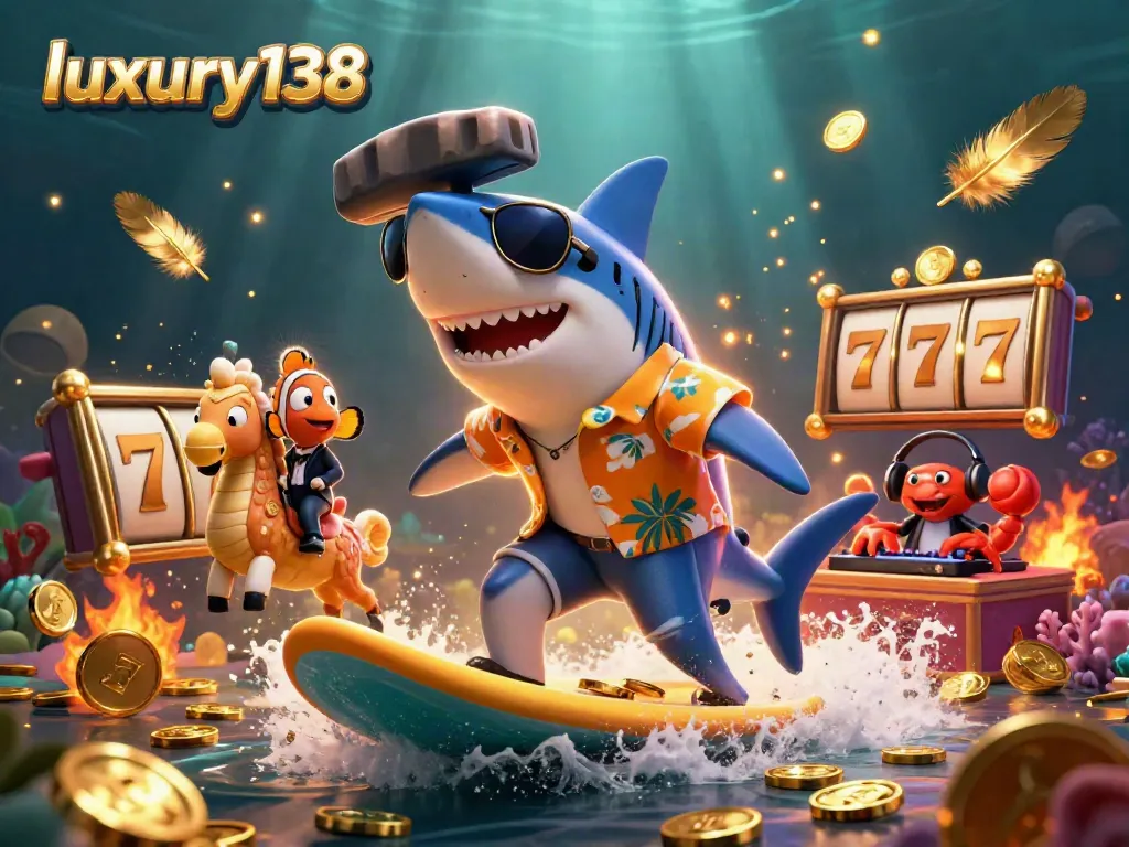 Engage in thrilling slots action at luxury138 with vibrant sea creatures and dynamic gold coin waves.