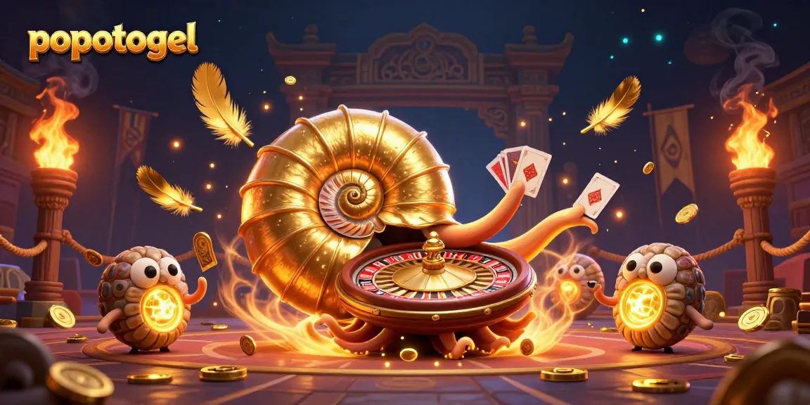 Experience winning with popotogel's thrilling 3D casino scene featuring dynamic gameplay and glowing treasures.