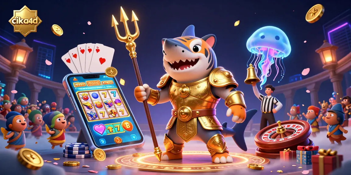 Experience thrilling slots with cika4d as a fierce tiger shark battles amidst underwater games, showcasing colorful elements.