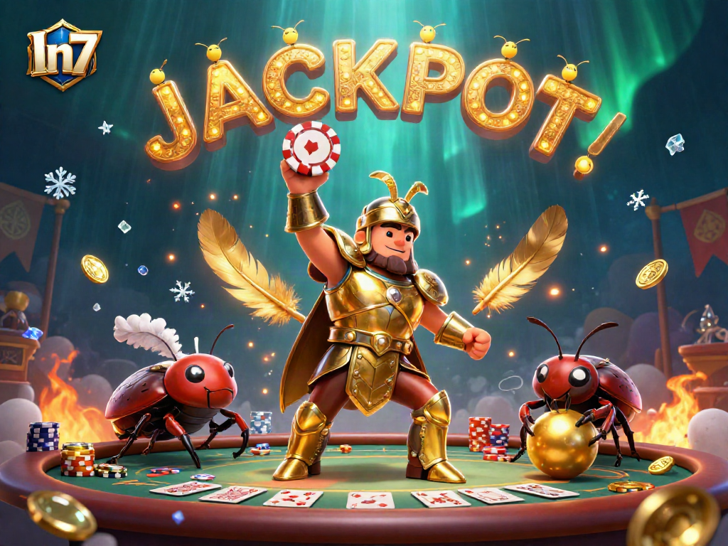 In7 poker victory scene with a glorious beetle, chips, and jackpot in a vibrant casino.