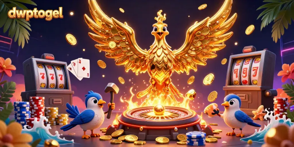 Gambar ilustrasi 3D dwp togel dengan phoenix emas dan elemen permainan kasino yang menarik.