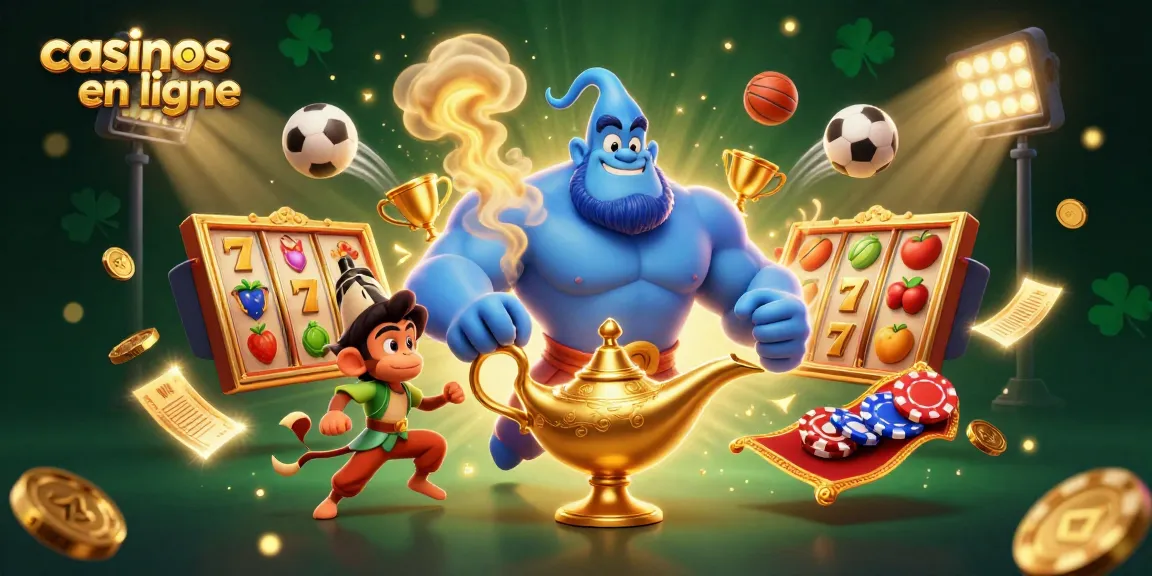 Vivez une action palpitante dans les casinos en ligne avec un génie de dessin animé, des jetons de poker et des symboles de jeu vibrants.