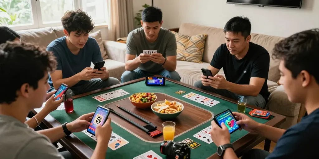 Exciting multiplayer scene with players enjoying 3 Patti No1 on smartphones, showcasing engaging gameplay and social interaction.