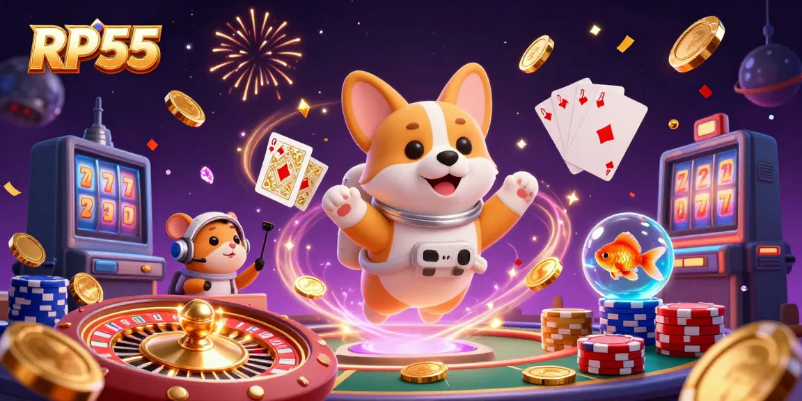 Menggulung poker chips dan koin emas saat RP55 mengeksplorasi kasino luar angkasa, dikelilingi karakter menarik.