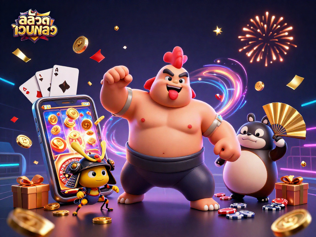 Engage with สล็อตเว็บตรง in a dynamic 3D scene featuring sumo rooster and cricket amidst colorful gaming elements.