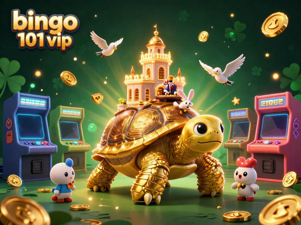 Visualisasikan permainan Bingo 101 VIP dengan karakter kuda laut dan dealer kelinci di kasino kartun, dikelilingi koin emas.