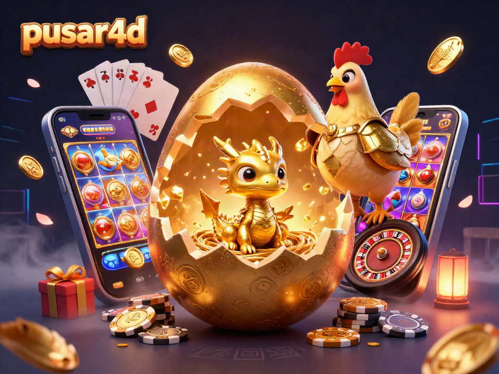 Memenangkan jackpot melalui permainan slot di pusar4d dengan ilustrasi naga emas dan elemen kasino