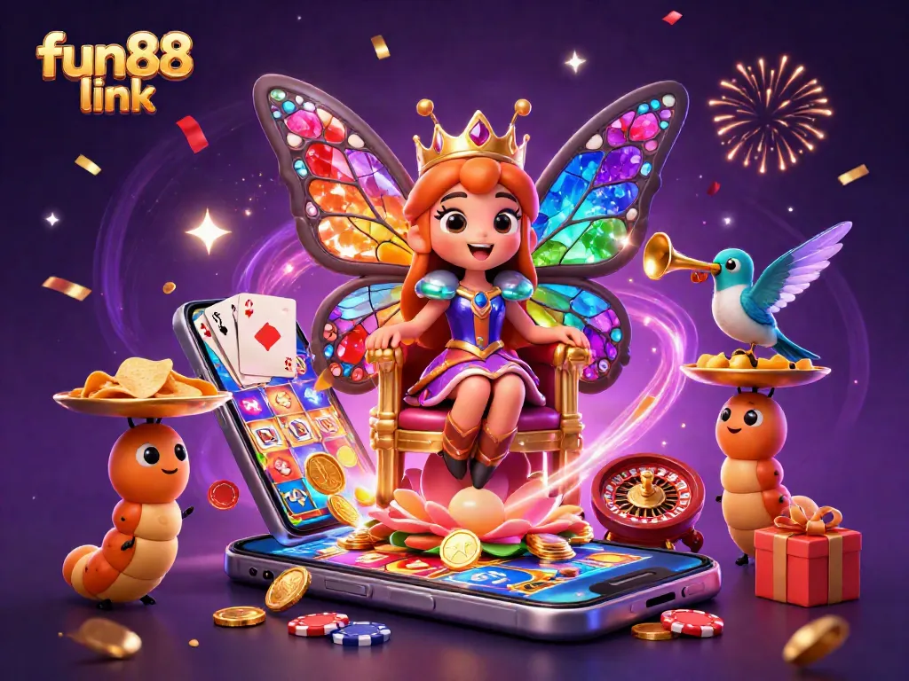 Spin the reels with fun88 link as colorful slots and vibrant characters fill the scene