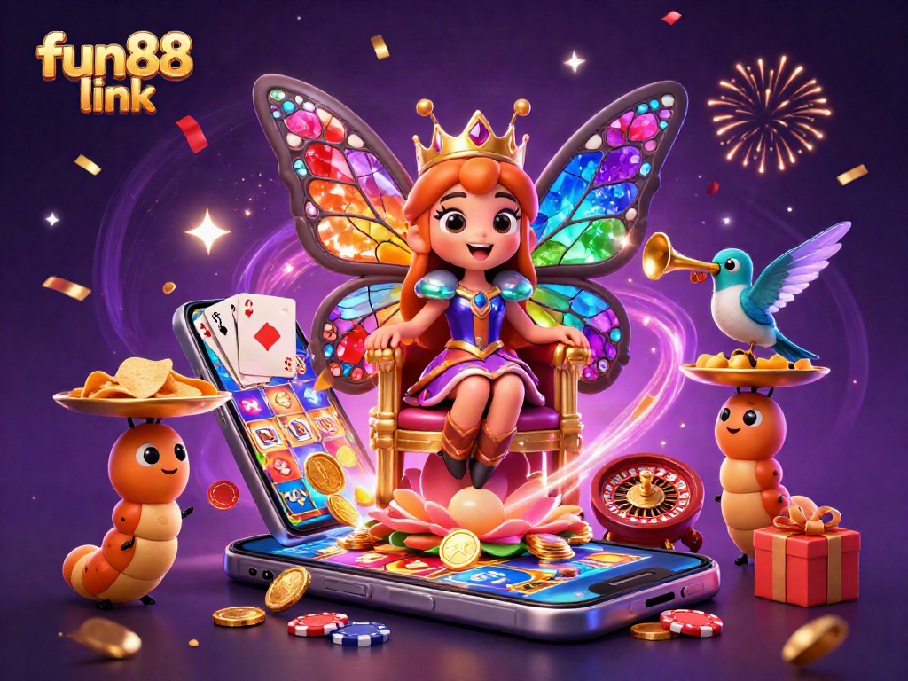 Spin the reels with fun88 link as colorful slots and vibrant characters fill the scene