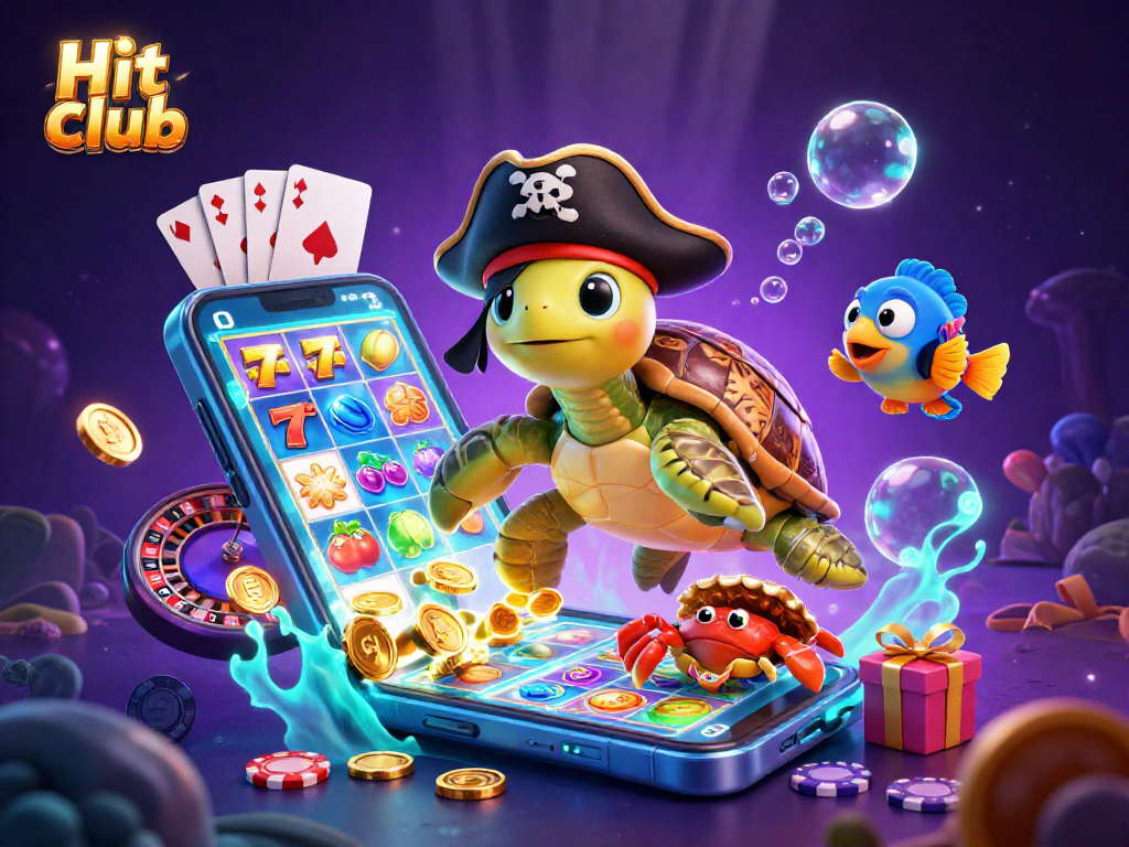 Hit club showcases a colorful slot game with characters and energetic casino elements.