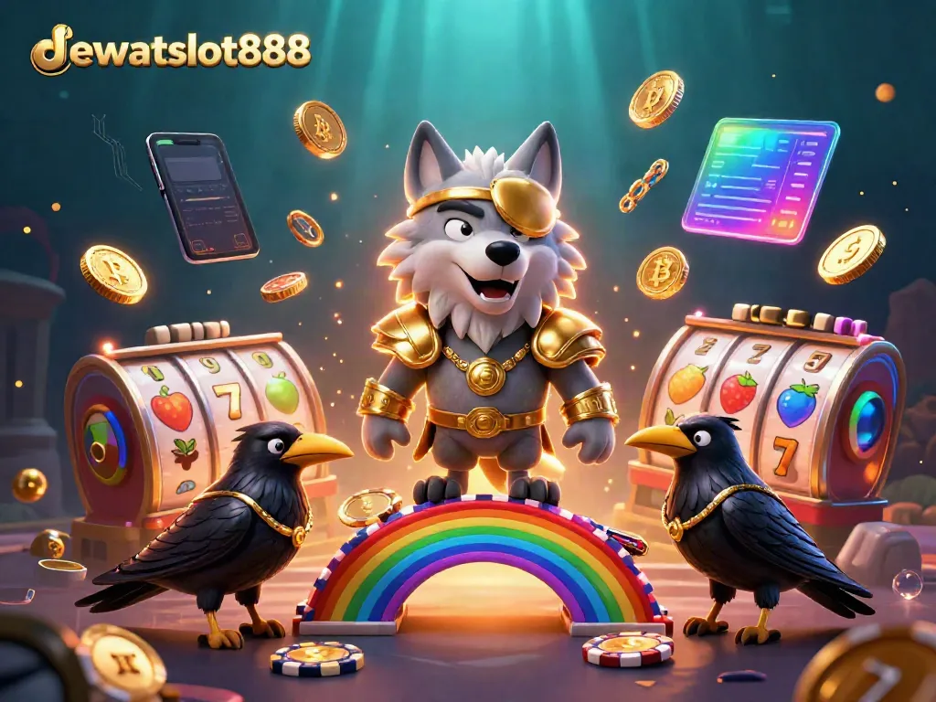 Gambarkan akun demo dewataslot888 dengan Odin dan dua burung gagak di jembatan chip kasino.