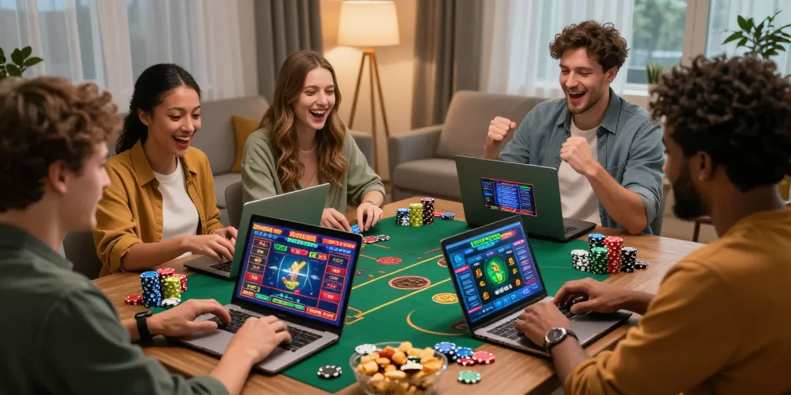 Friends enjoying a lively game session on red88 platform in a cozy living room.