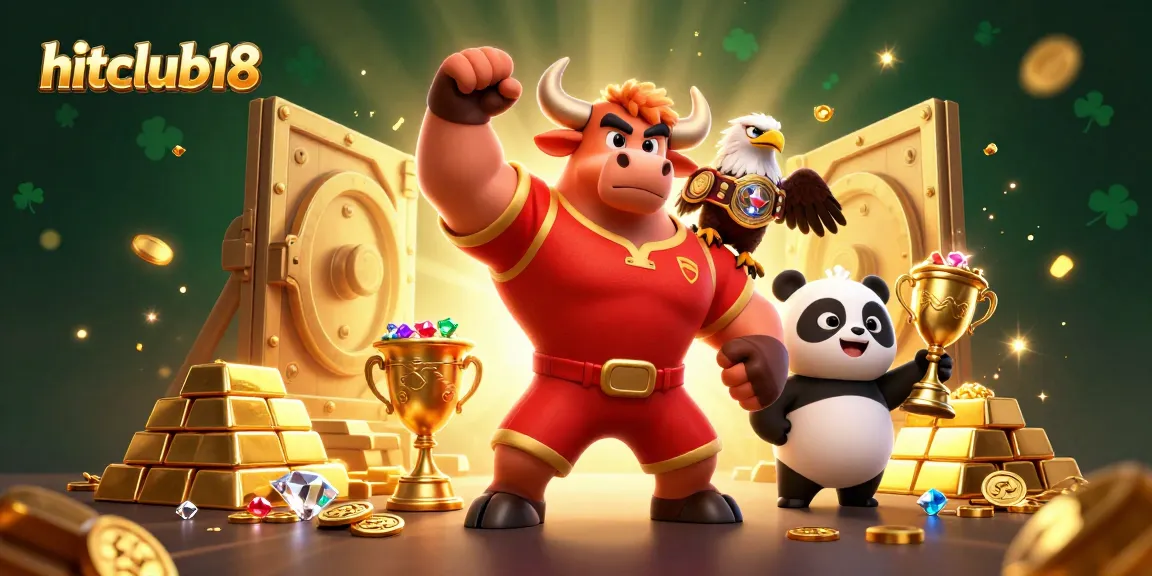 Hitclub18 victory scene featuring a muscular bull, eagle, and panda amid golden treasures and casino elements.
