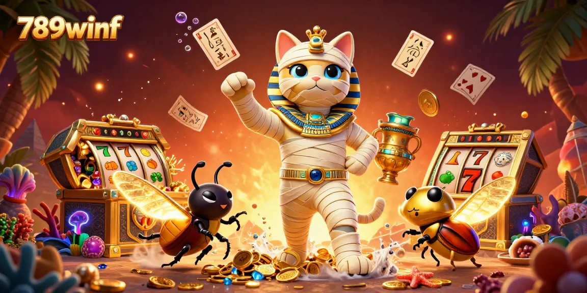 Engage in thrilling gameplay with 789winf as the Egyptian mummy cat emerges in a vibrant casino.