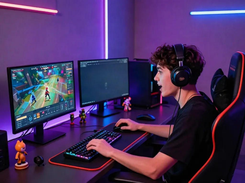 Immersive gaming session featuring unsurtoto platform setup with vibrant lights and gaming accessories.
