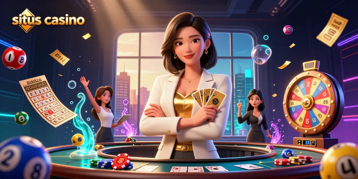 Experience thrilling action at situs casino with a glamorous woman holding golden cards amidst vibrant gaming elements.