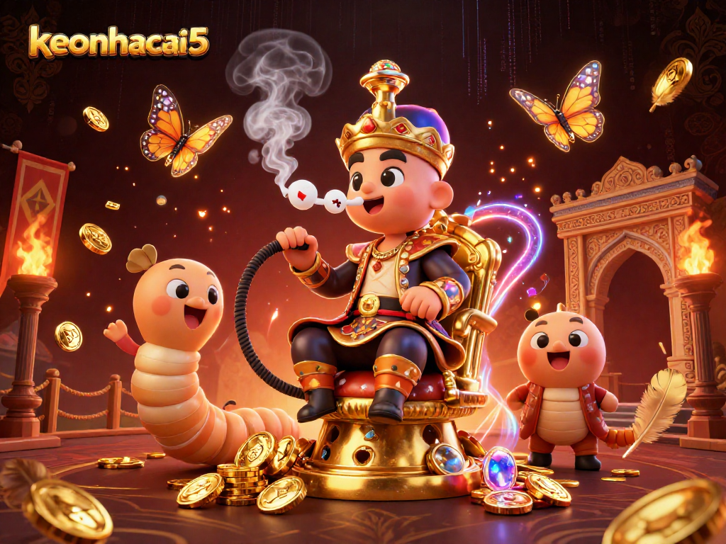 Engage in thrilling action at keonhacai5 with a vibrant casino-themed illustration of a caterpillar hookah-master.