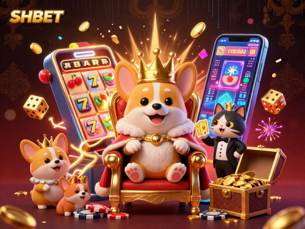 Experience the vibrant SHBET world with a royal corgi and cat butler amidst casino excitement.