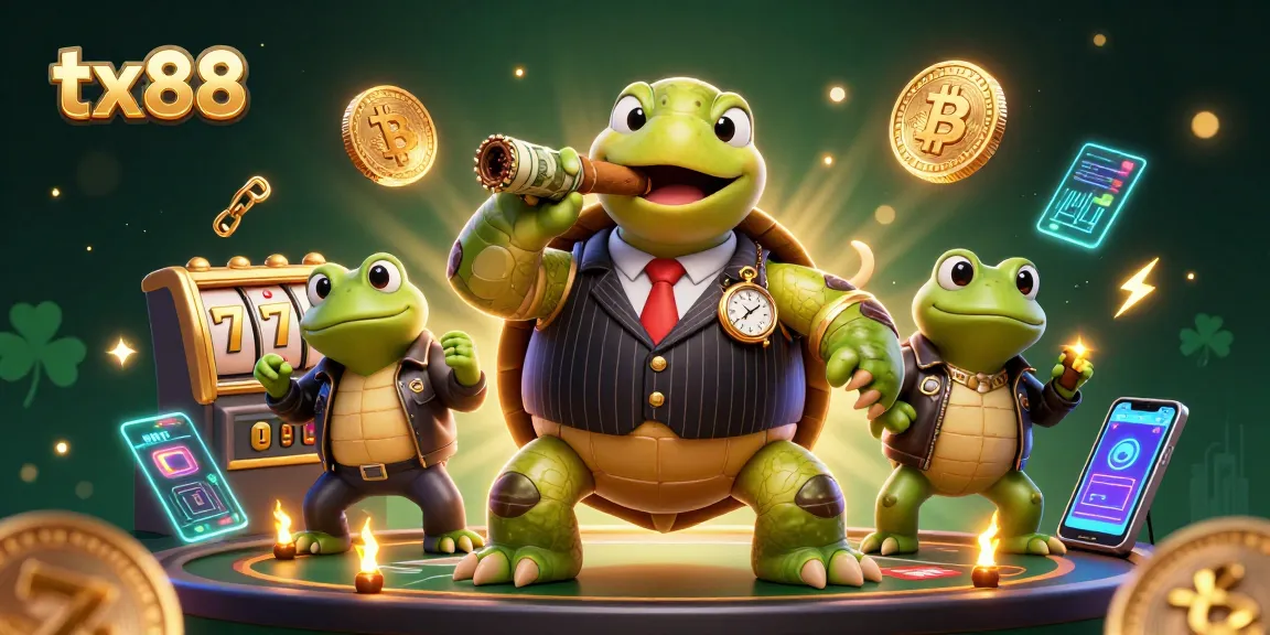 Experience thrilling gaming at tx88 with a vibrant casino scene featuring a mobster turtle and bullfrog enforcers.
