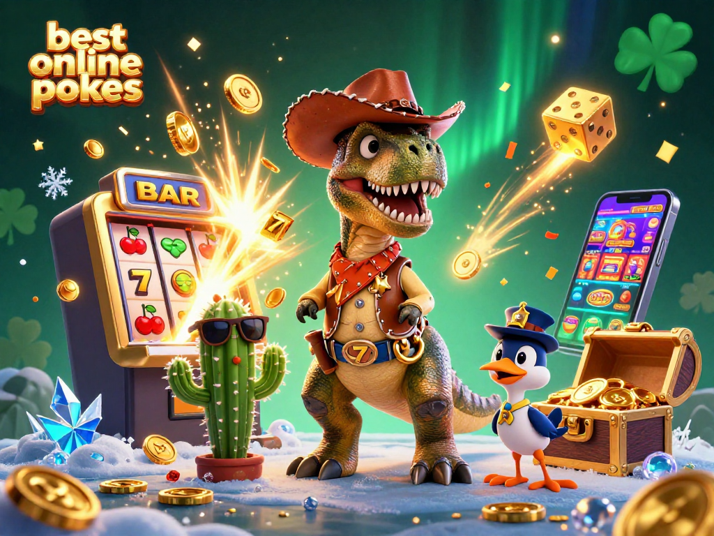 Experience the best online pokies with a vibrant 3D illustration of a T-Rex, cactus, and roadrunner celebrating wins.