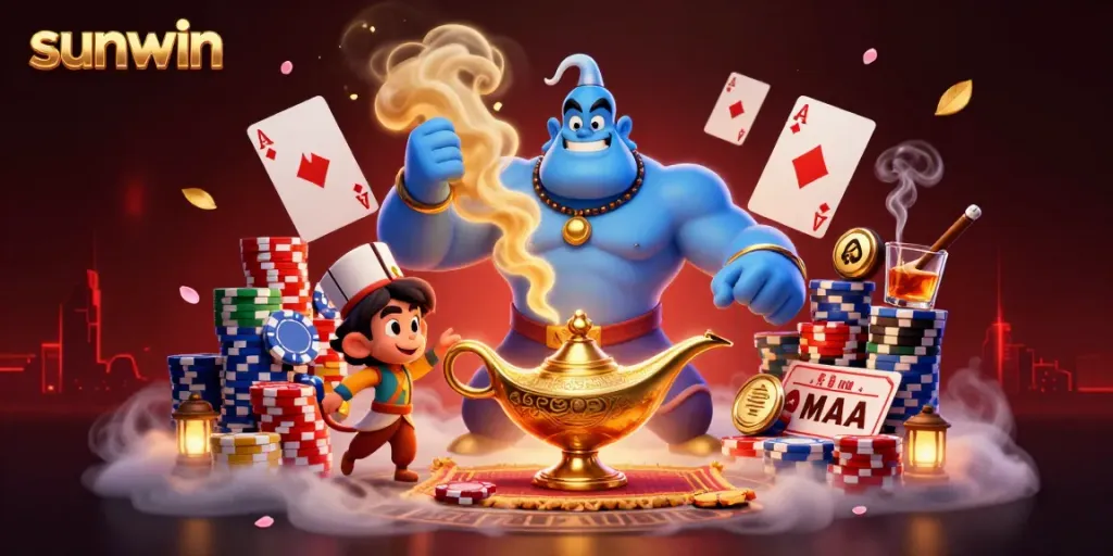 Experience thrilling gaming action with sunwin's colorful poker scene, featuring a genie and cheerful monkey.